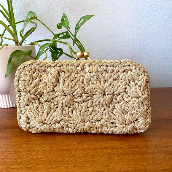 Stella McCartney Handbags - ♦️SOLD♦️ Stella McCartney Minaudière Wheat Gold Tan Crochet Kiss-Lock Clutch